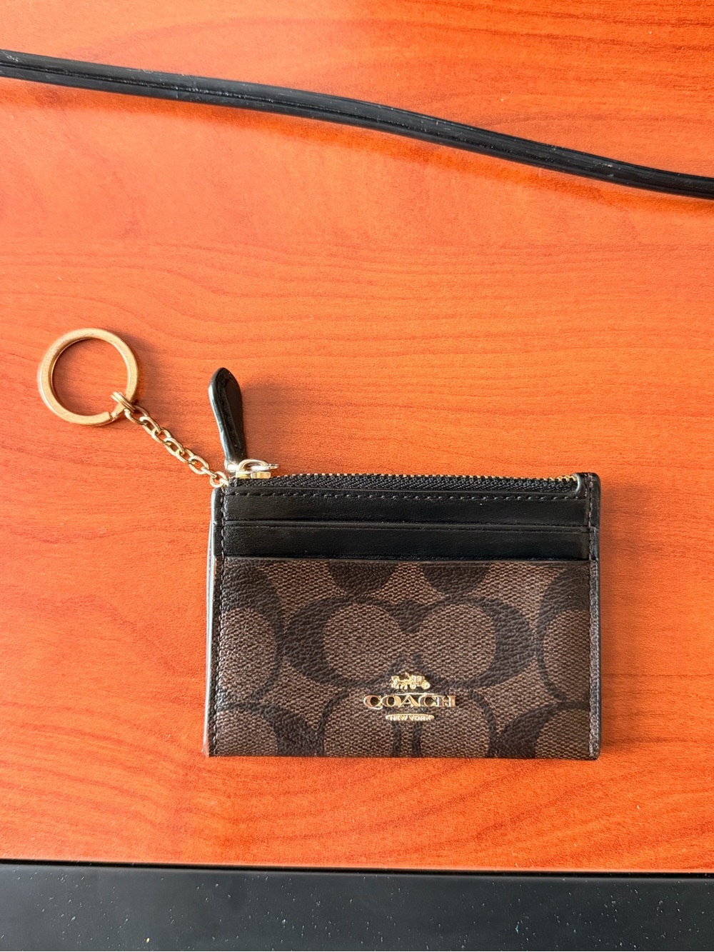 Coach Brown & Black Signature Card Case with Gold Keyring